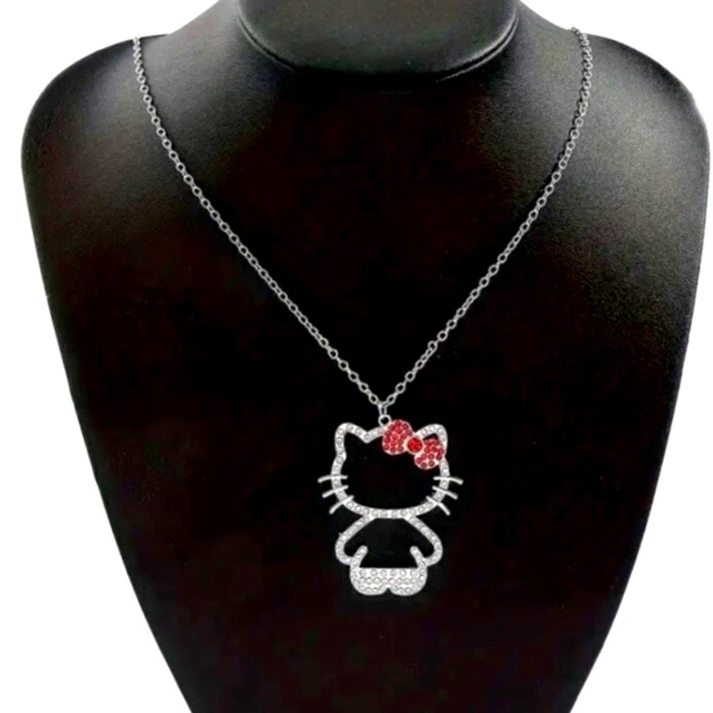 Hello Kitty Character Outline Silver and Red Pendant Necklace - NWT Pink Box